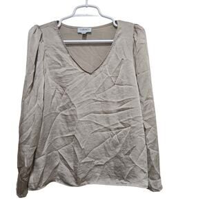 Carmen Marc Valvo Taupe V Neck Long Sleeve Blouse M